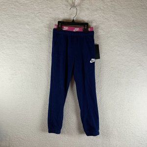 Nike Terry Trouser Girls Small Blue Void Cotton Elastic Waist‎ Pull On Logo 6965